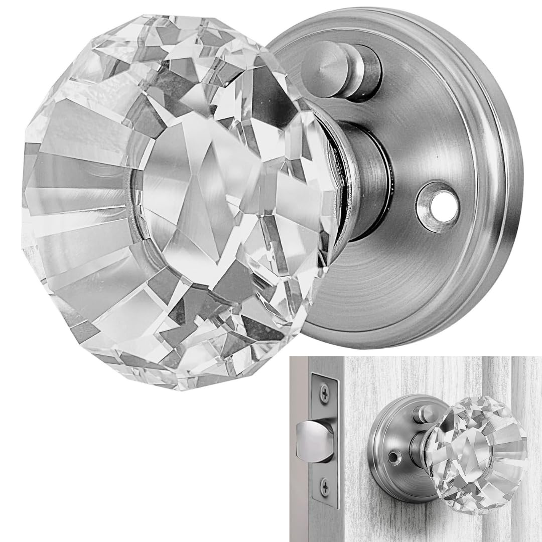 Balin Designs silver crystal door knob with lock, front view, adds vintage elegance to interiors.