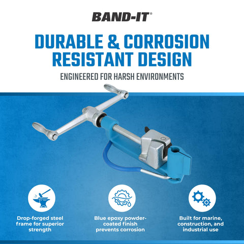 Blue epoxy finish on the Band-It C00169 emphasizes durability and corrosion resistance.