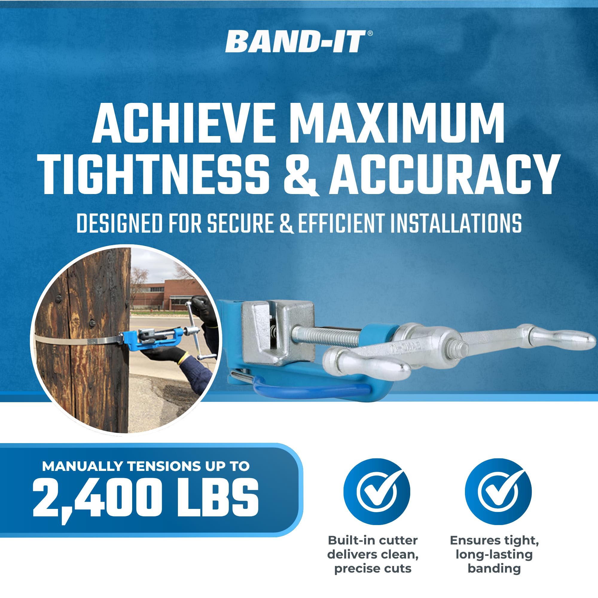 Built-in cutter on the Band-It C00169 for clean cuts after banding.