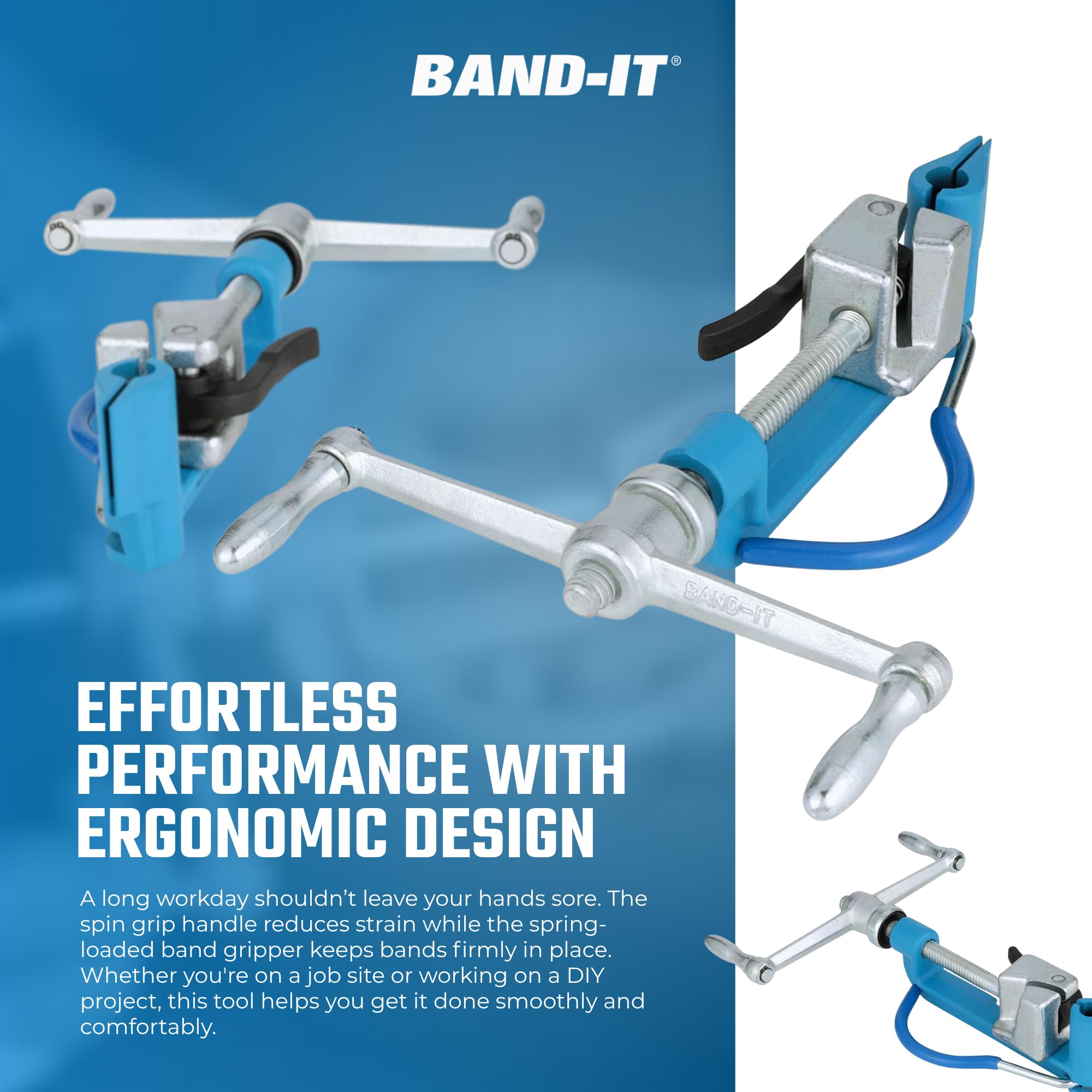 Drop-forged frame highlight on the Band-It C00169 for rugged industrial use.
