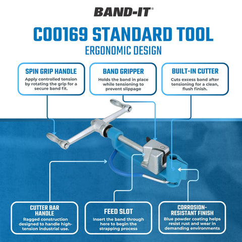 Spring-loaded gripper on the Band-It C00169 maintains band position during tightening.