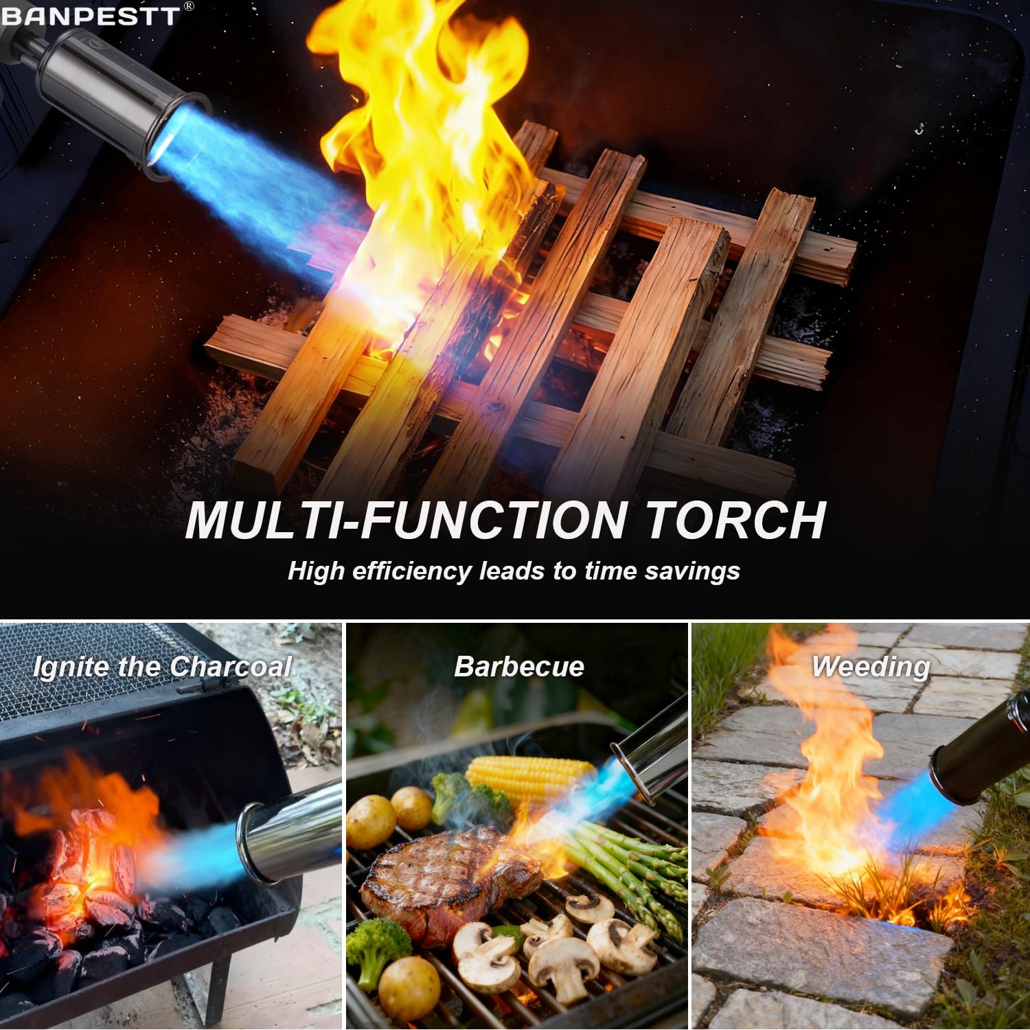 BANPESTT adjustable flame torch showcasing flame control for delicate to high-power tasks.