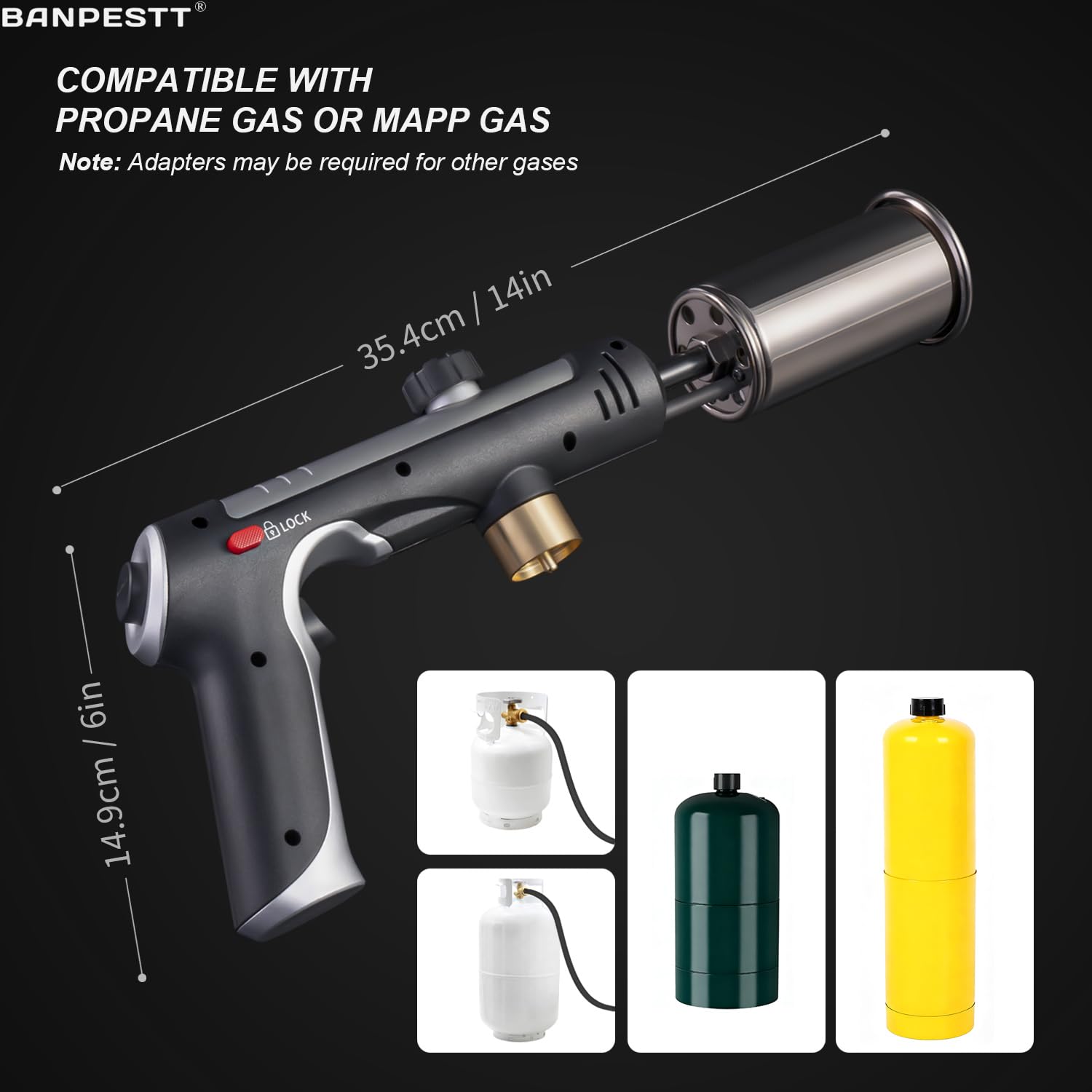 BANPESTT camping-and-cooking torch shown in a backpack-ready setup for outdoors.