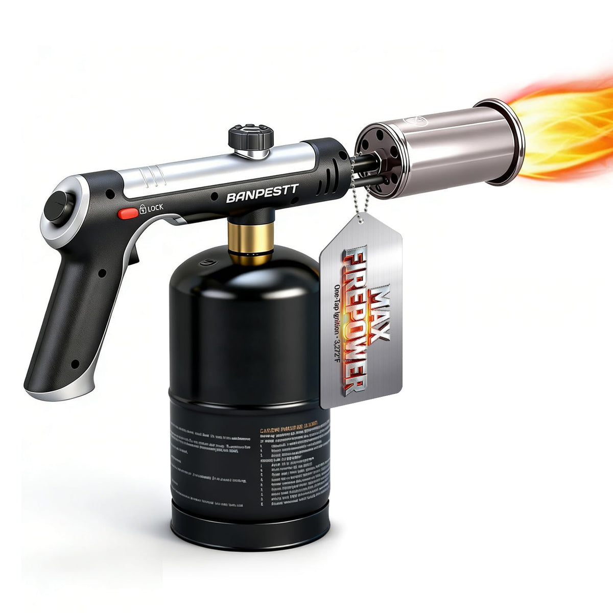 BANPESTT one-touch ignition torch delivering a steady flame for precise searing and caramelization.