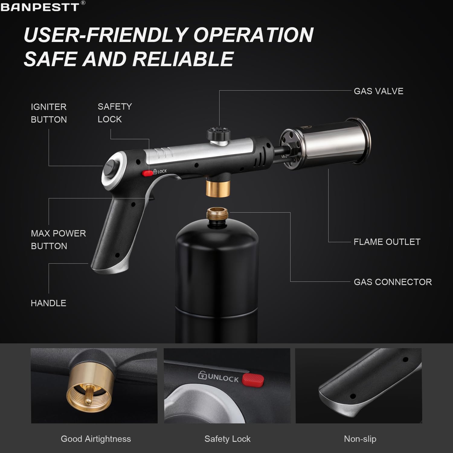 BANPESTT adjustable-gas-control torch illustrating easy flame management for DIY projects.
