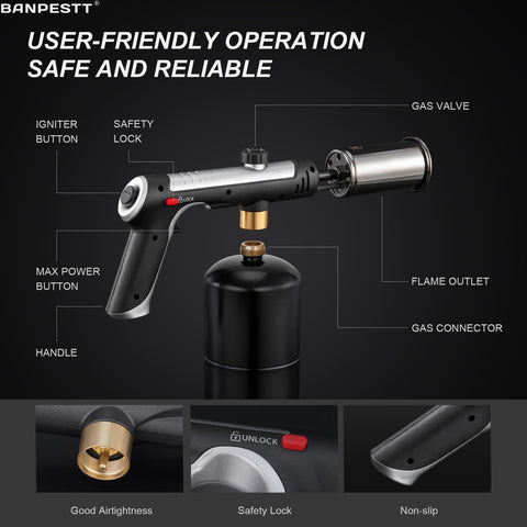 BANPESTT adjustable-gas-control torch illustrating easy flame management for DIY projects.