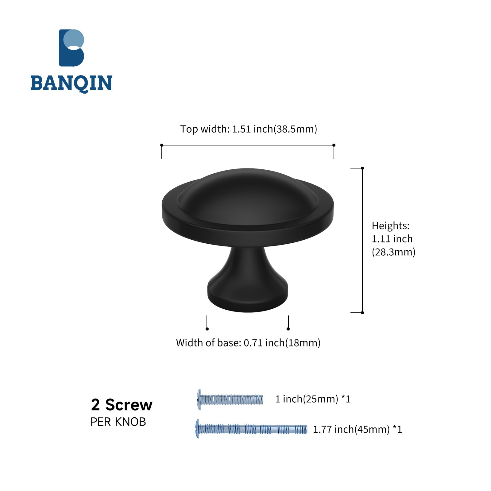 Banqin 10-pack cabinet knobs side profile reveals compact top diameter suitable for various styles.