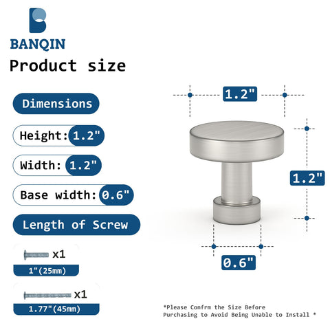 Banqin brushed nickel knob mounted on a drawer demonstrates modern round design.