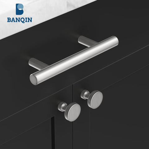 Banqin brushed nickel knob on kitchen cabinets blends with contemporary decor.