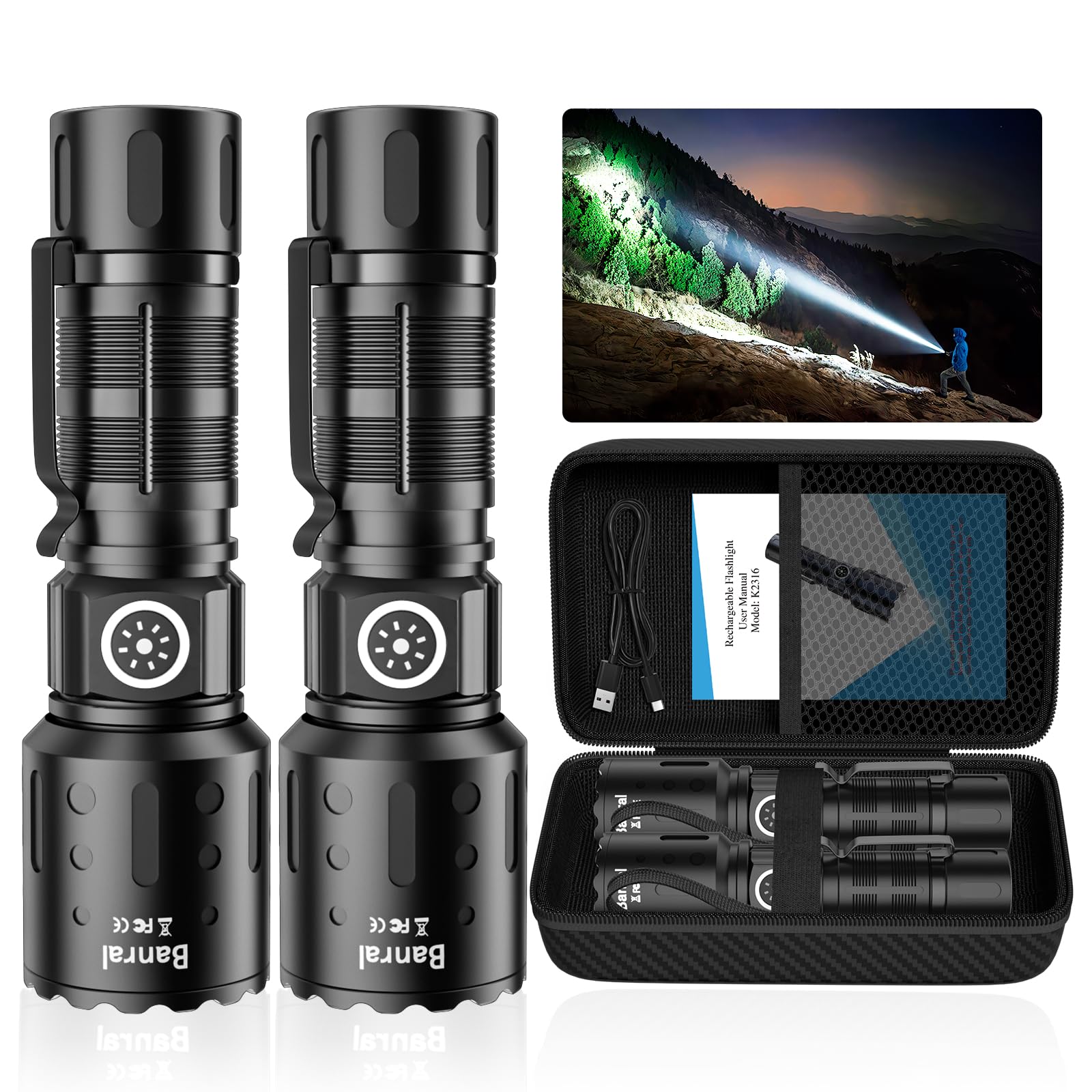 Banral rechargeable flashlight provides a powerful, focused beam for distant objects.