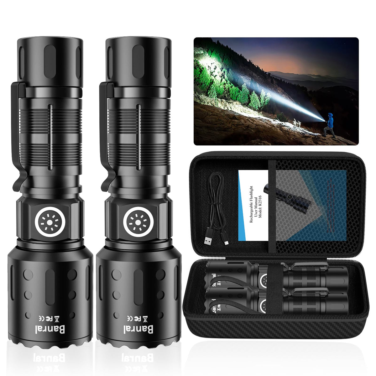 Banral rechargeable flashlight provides a powerful, focused beam for distant objects.