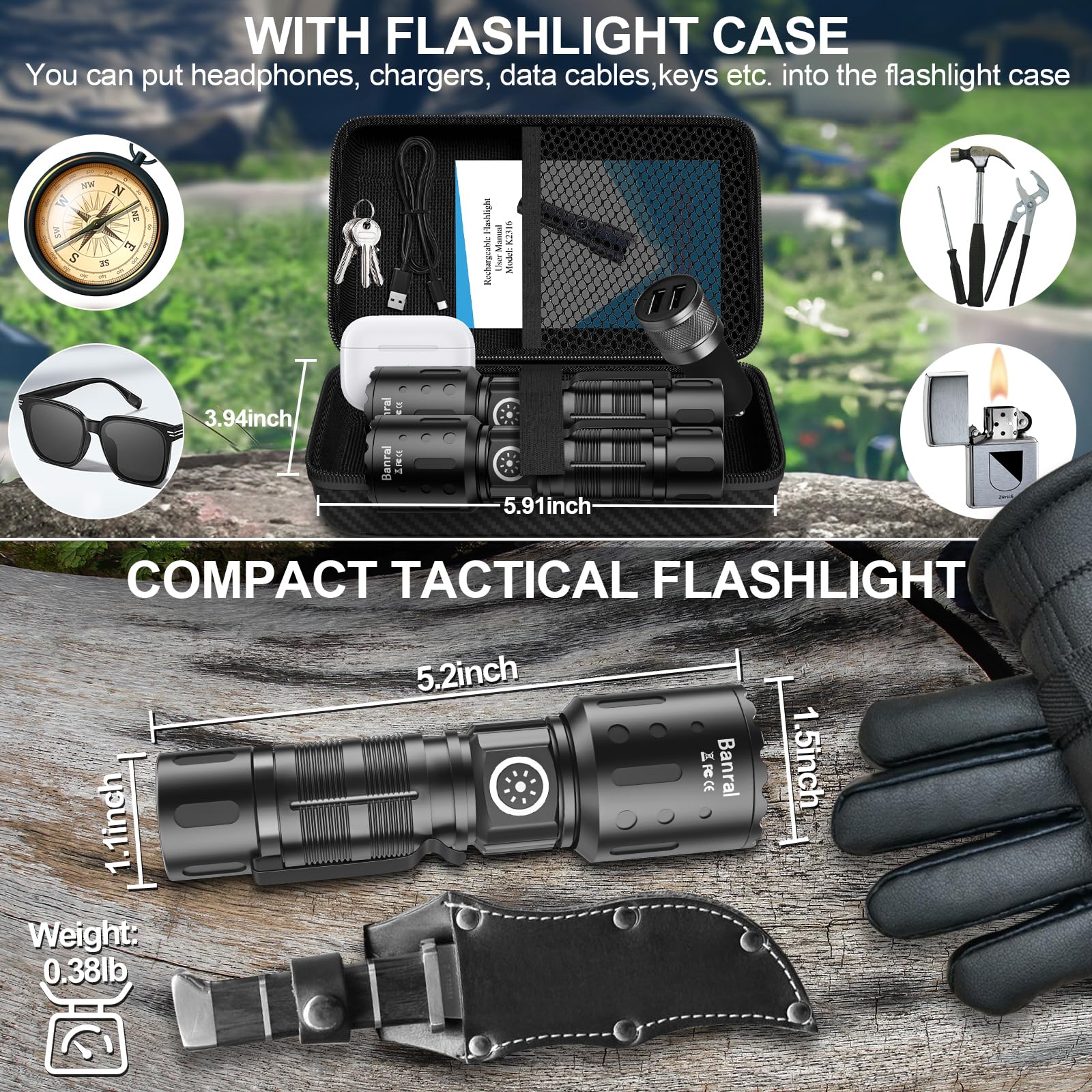 Banral tactical flashlight features upgraded long-beam LED for clear night visibility.