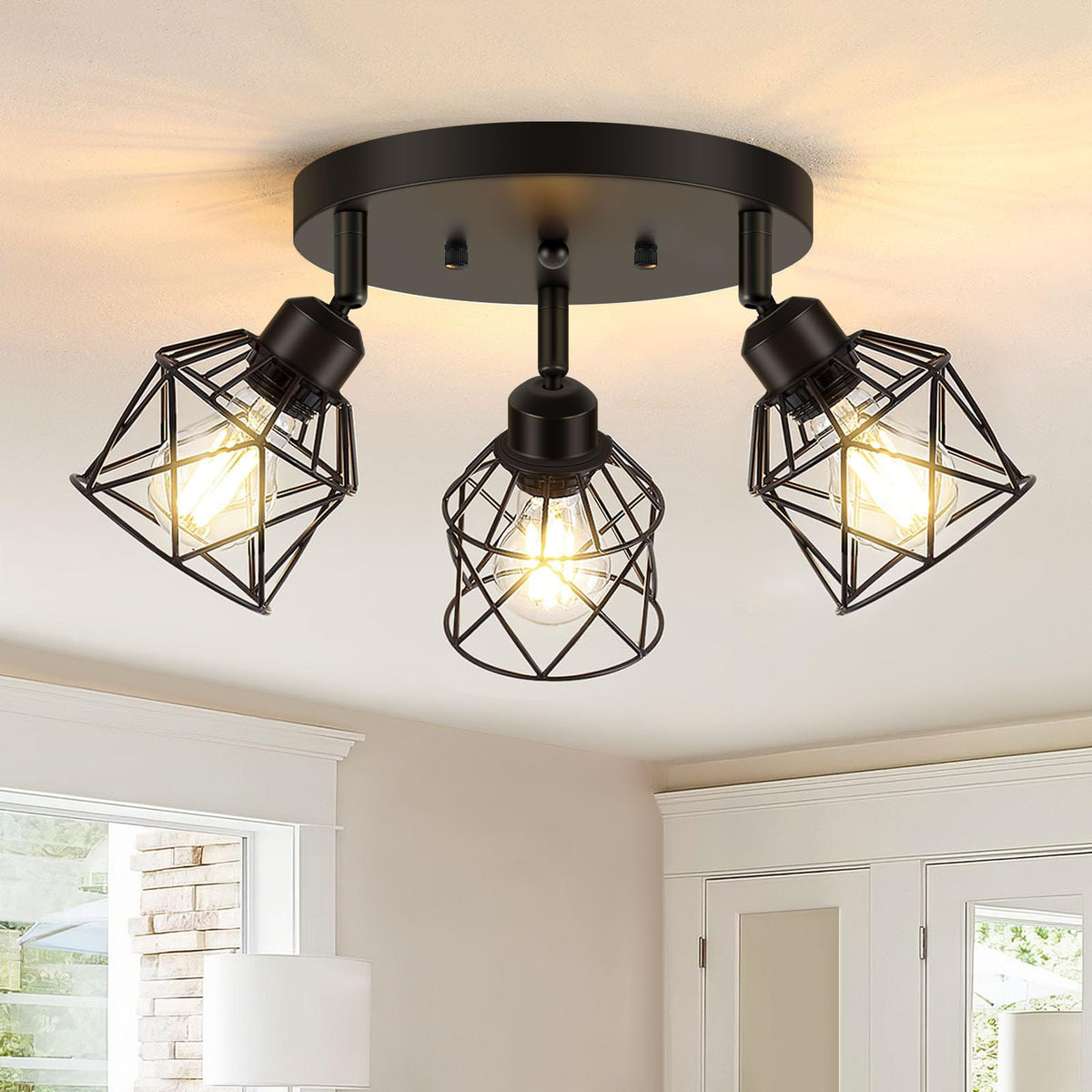 Baocuz 3-Light kitchen flush mount with matte black farmhouse cage, versatile lighting.