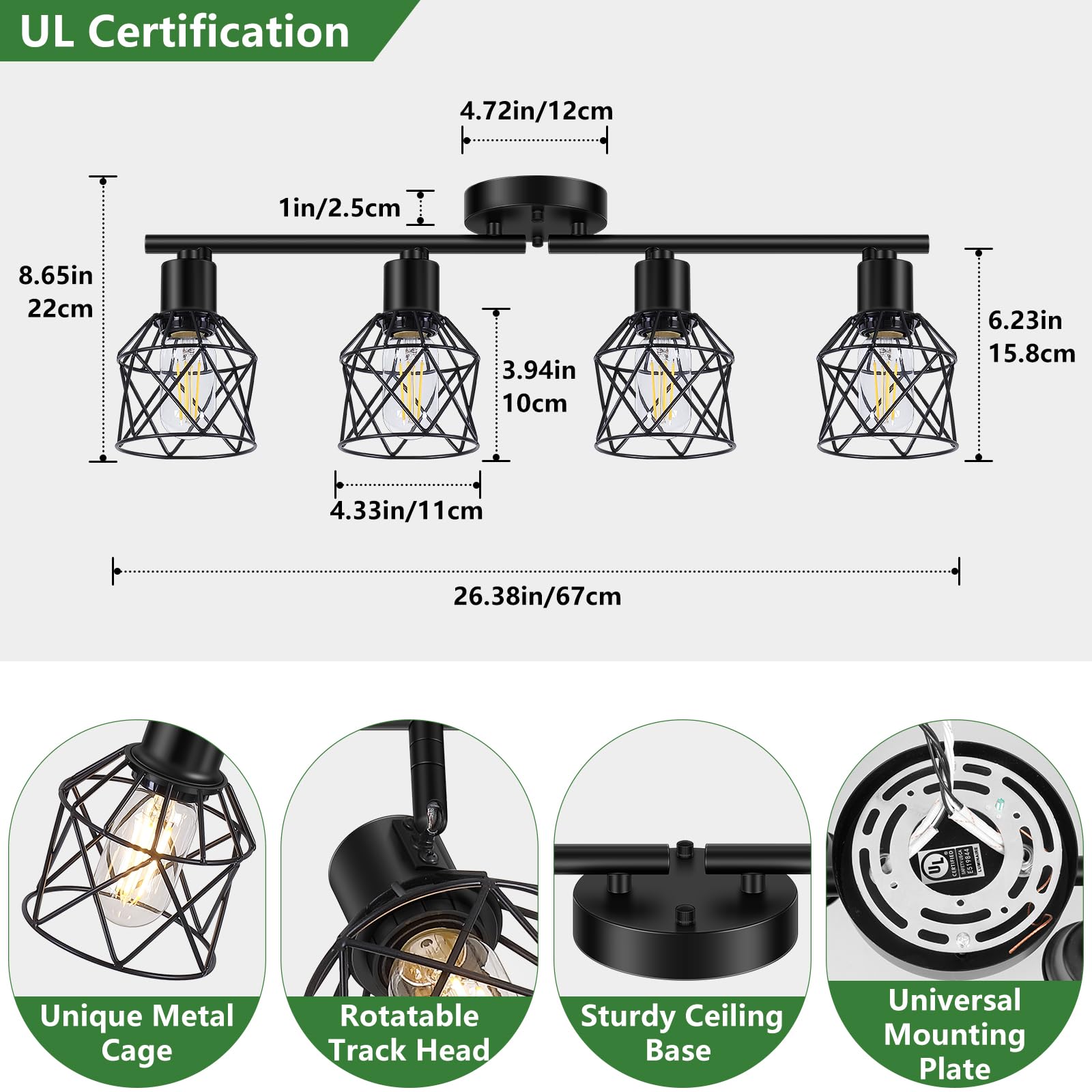 Baocuz adjustable arm ceiling light with 350° horizontal and 180° vertical rotation for customizable lighting.