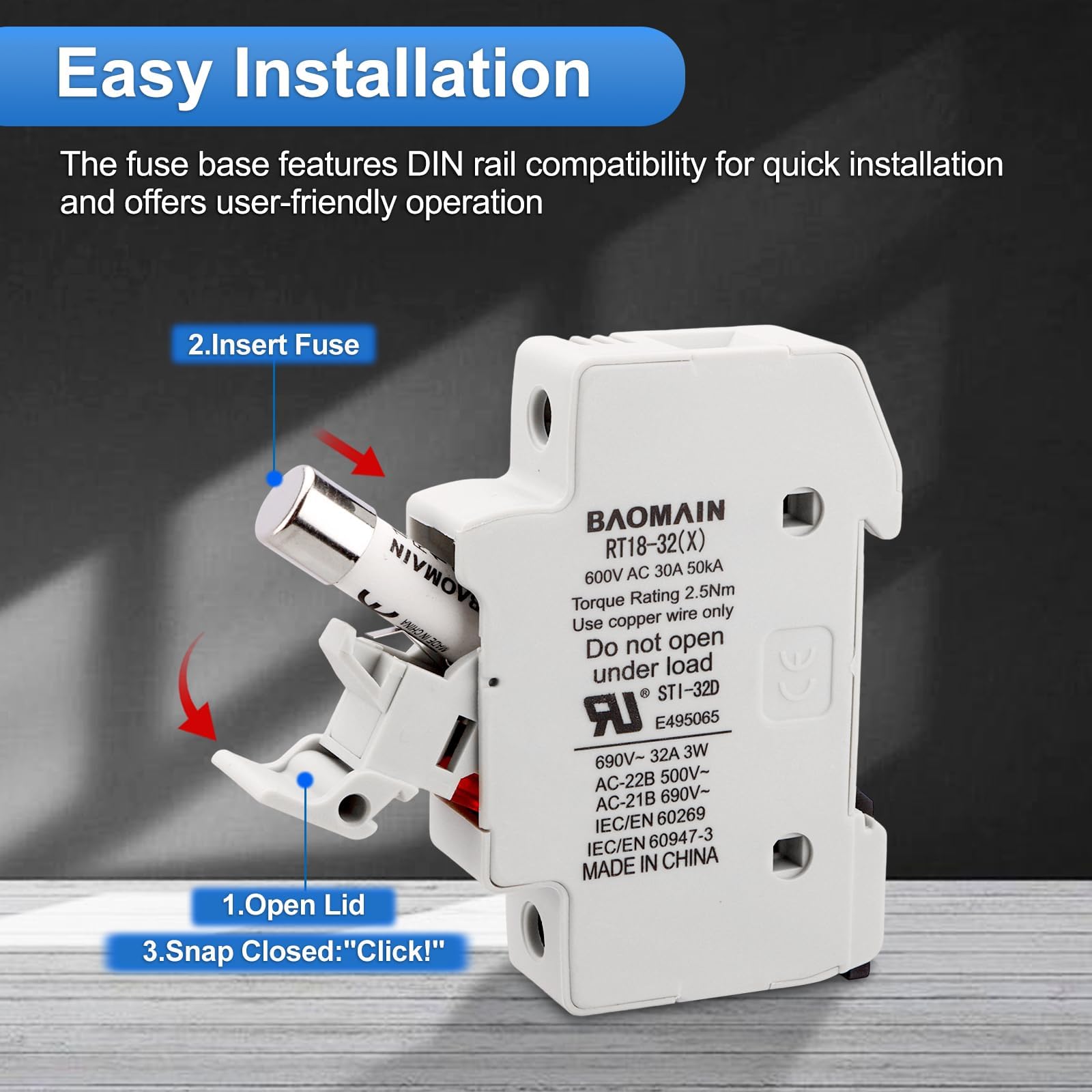 Baomain fuse holder securely mounted on 35mm DIN rail.