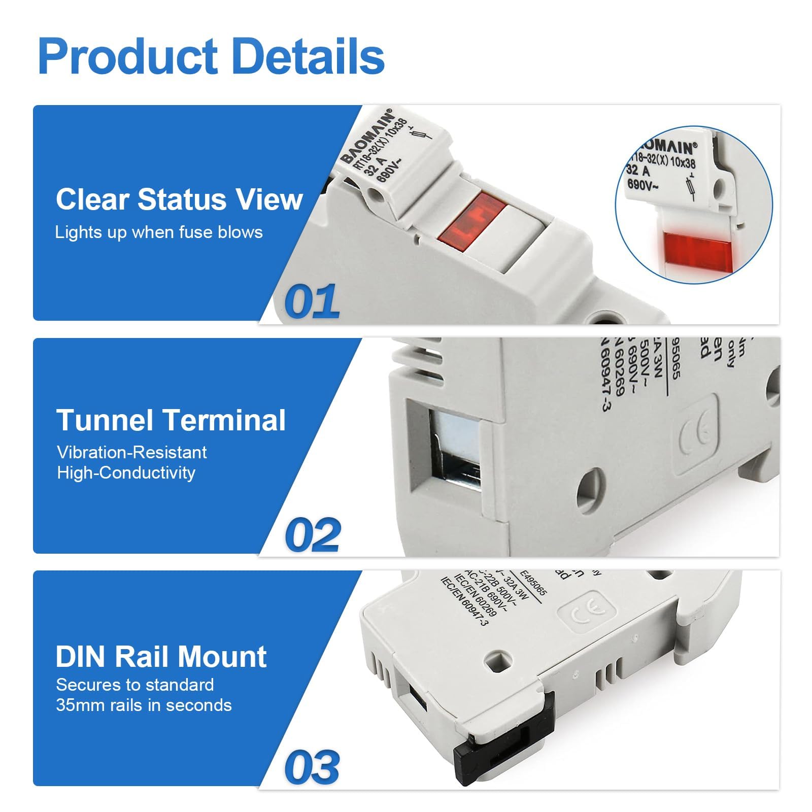 Flame-retardant ABS housing of Baomain fuse holder for safety.