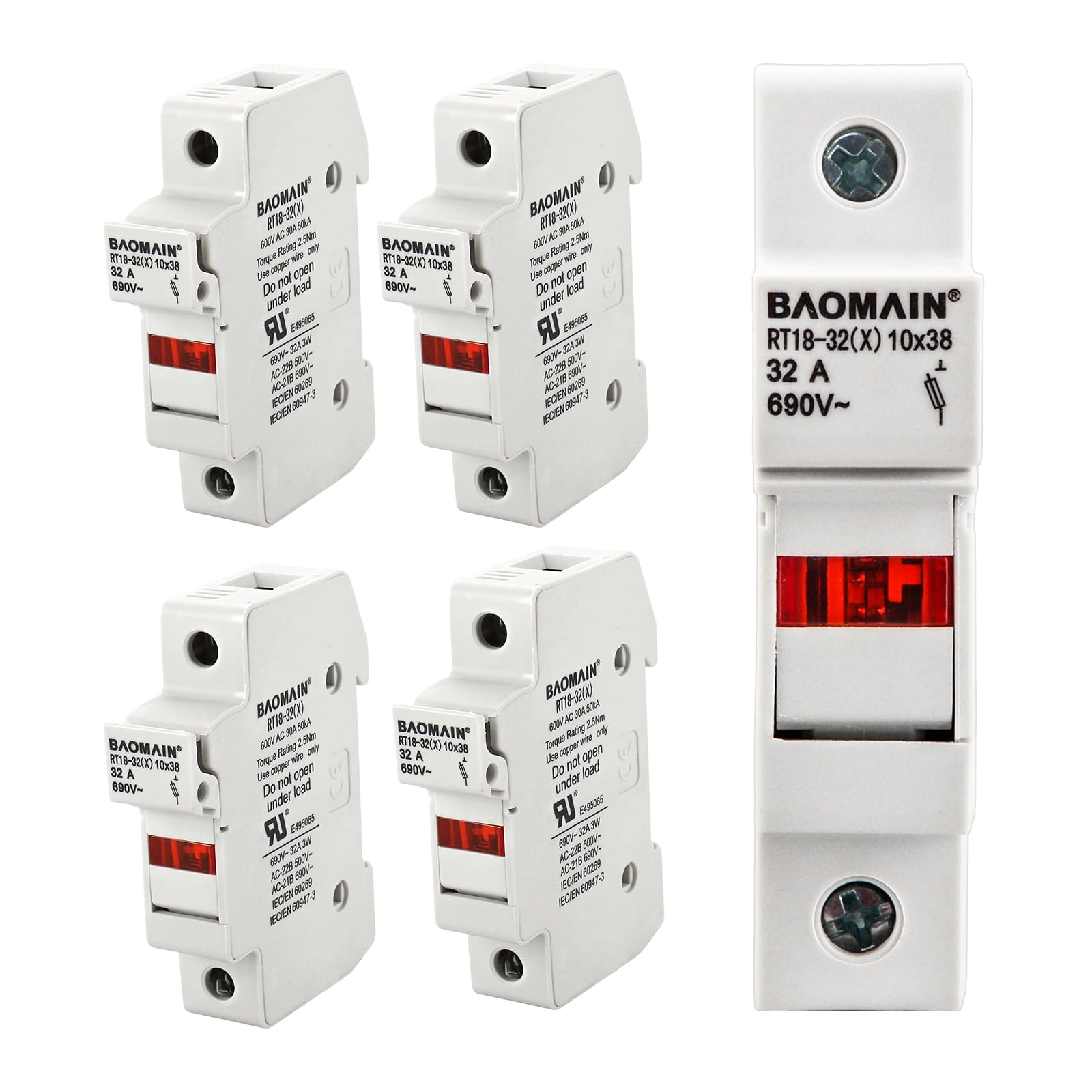 Baomain RT18-32 fuse holder mounted on DIN rail with red indicator light.