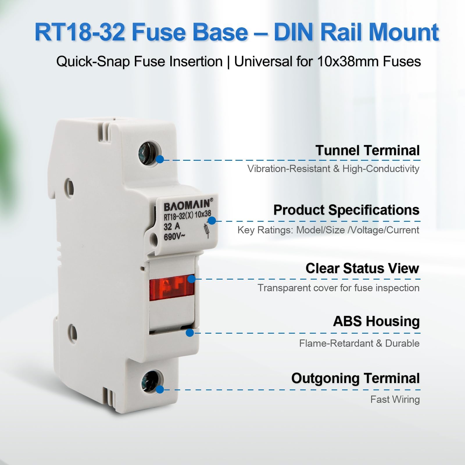 Copper terminals and tunnel terminals on Baomain fuse holder.