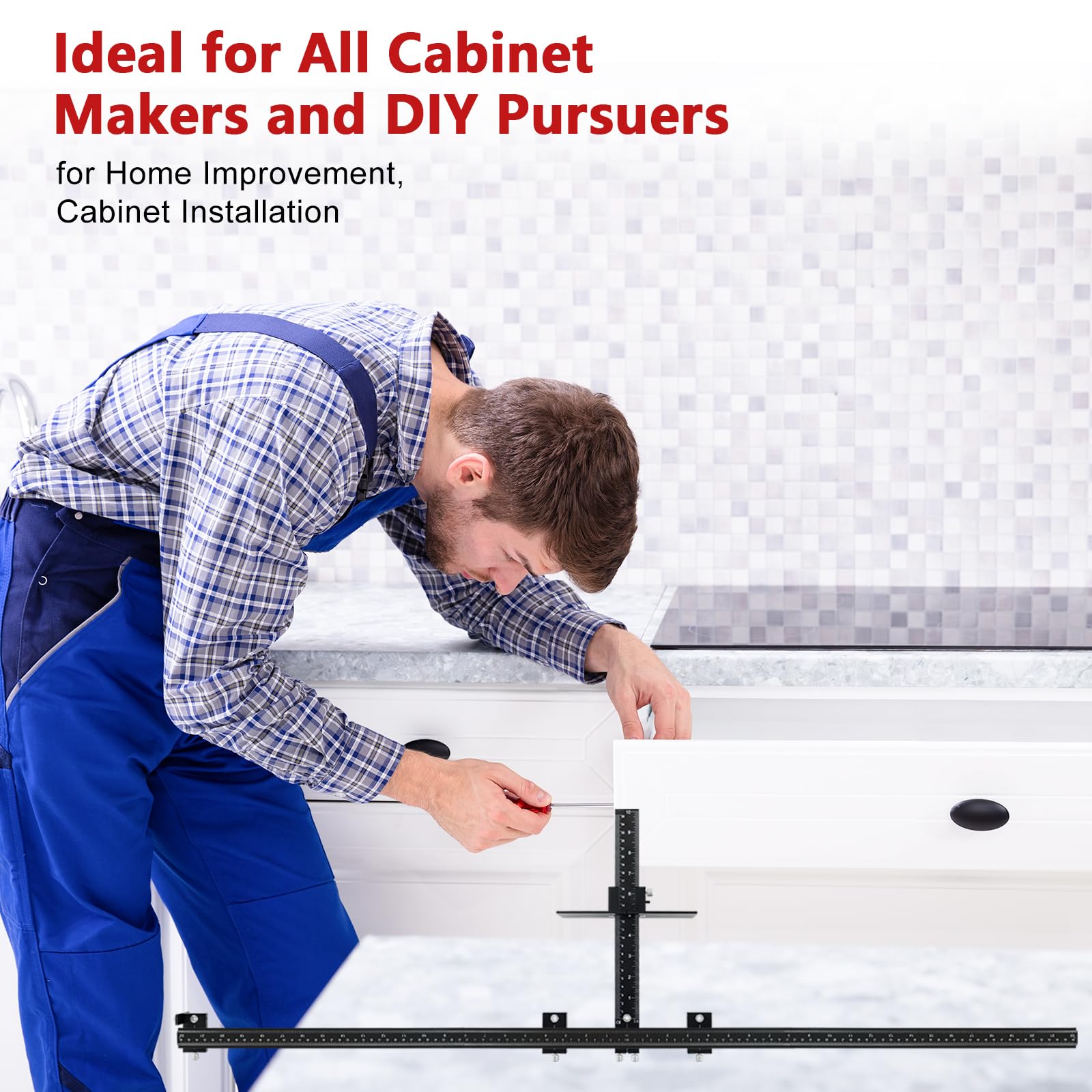 BaoNeedy kitchen cabinet hardware installation tool ready for use.