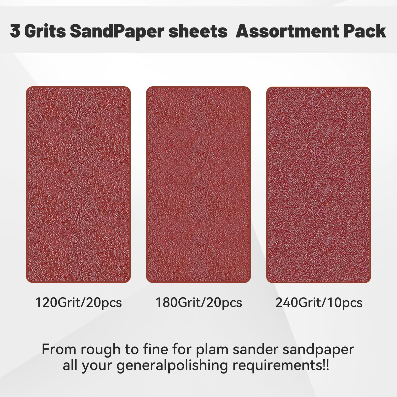 BAOSTC sandpaper sheets 4-1/2x5-1/2 inches showcase 120, 180, and 240 grits.