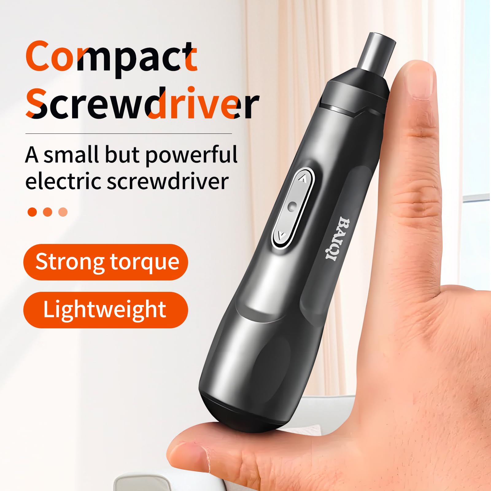 BAQI forward-reverse switch shown for easy screwdriving and removal.