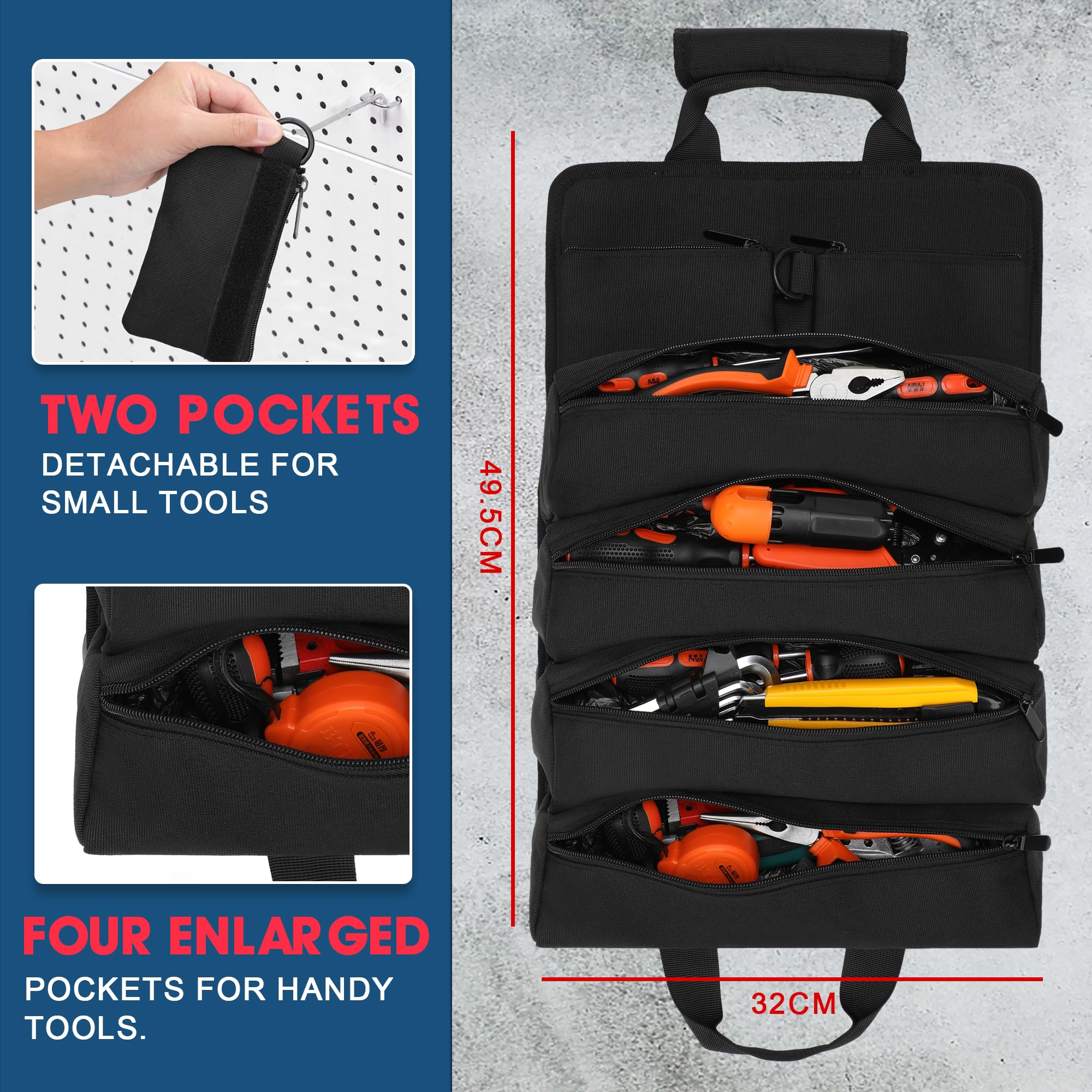 BAQRAXIA tool bag detachable pouches and D-rings for easy tool access.