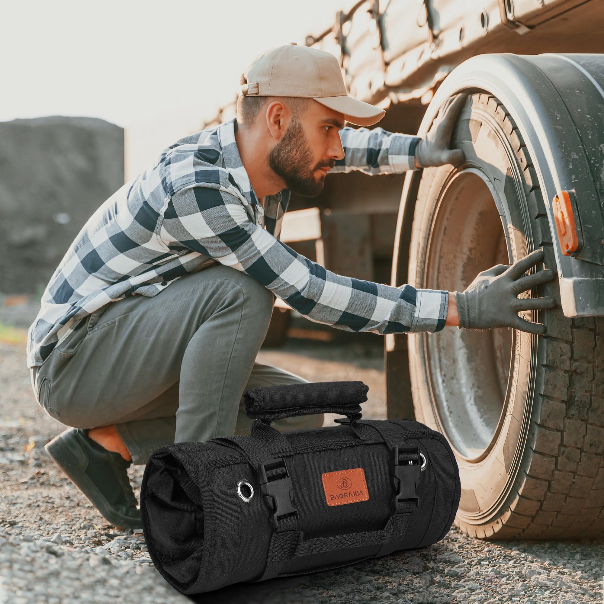 BAQRAXIA tool bag large capacity with four pockets and two detachable pouches.