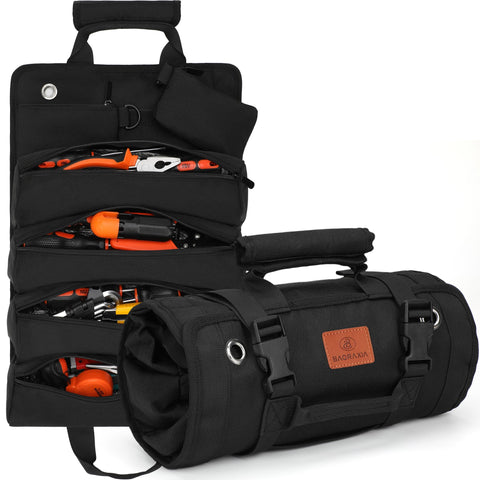 BAQRAXIA tool bag roll-up compact view highlighting sturdy construction for on-the-go use.