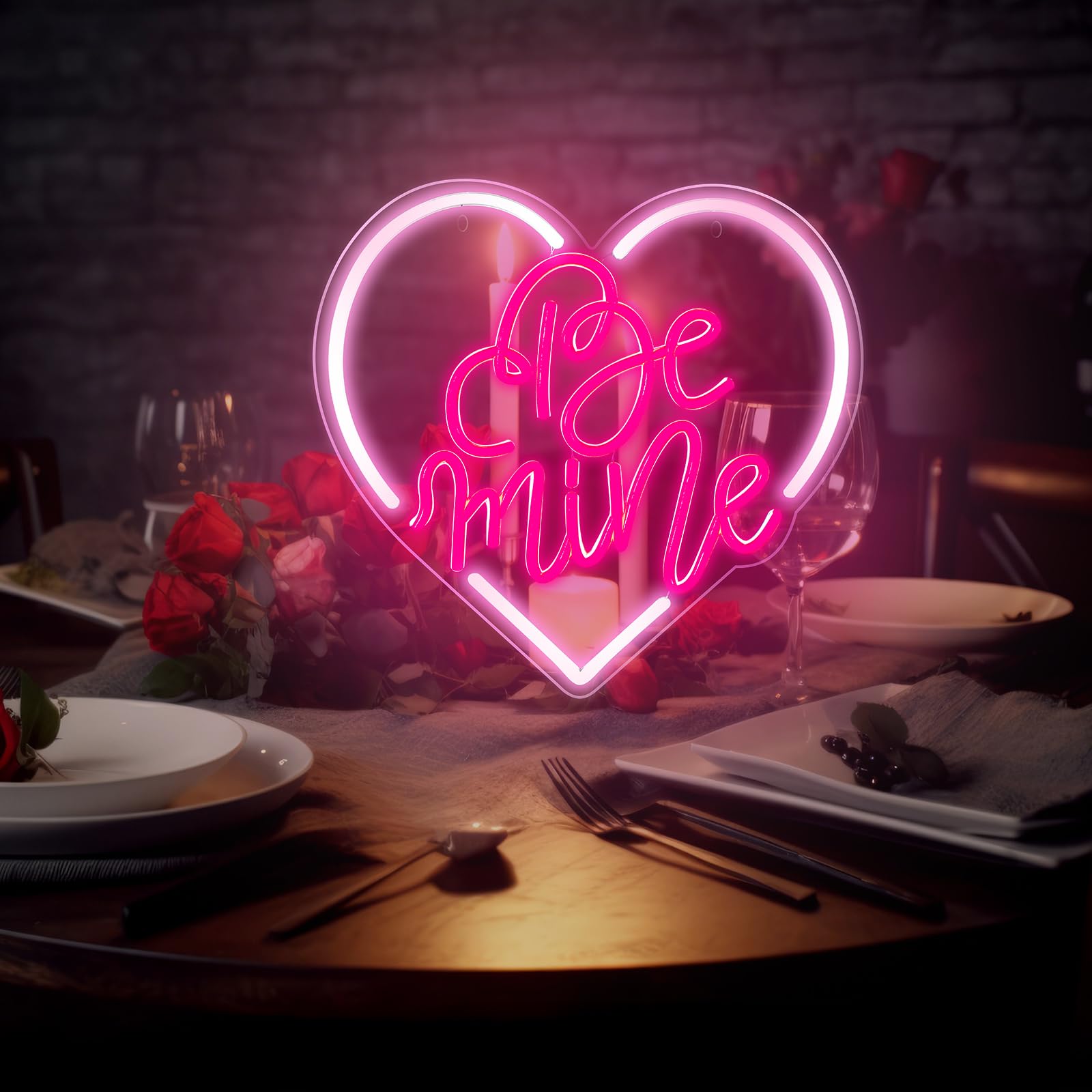 Baquler Be Mine neon sign perfect for dining table ambiance.