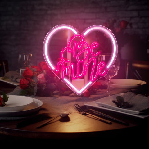 Baquler Be Mine neon sign perfect for dining table ambiance.