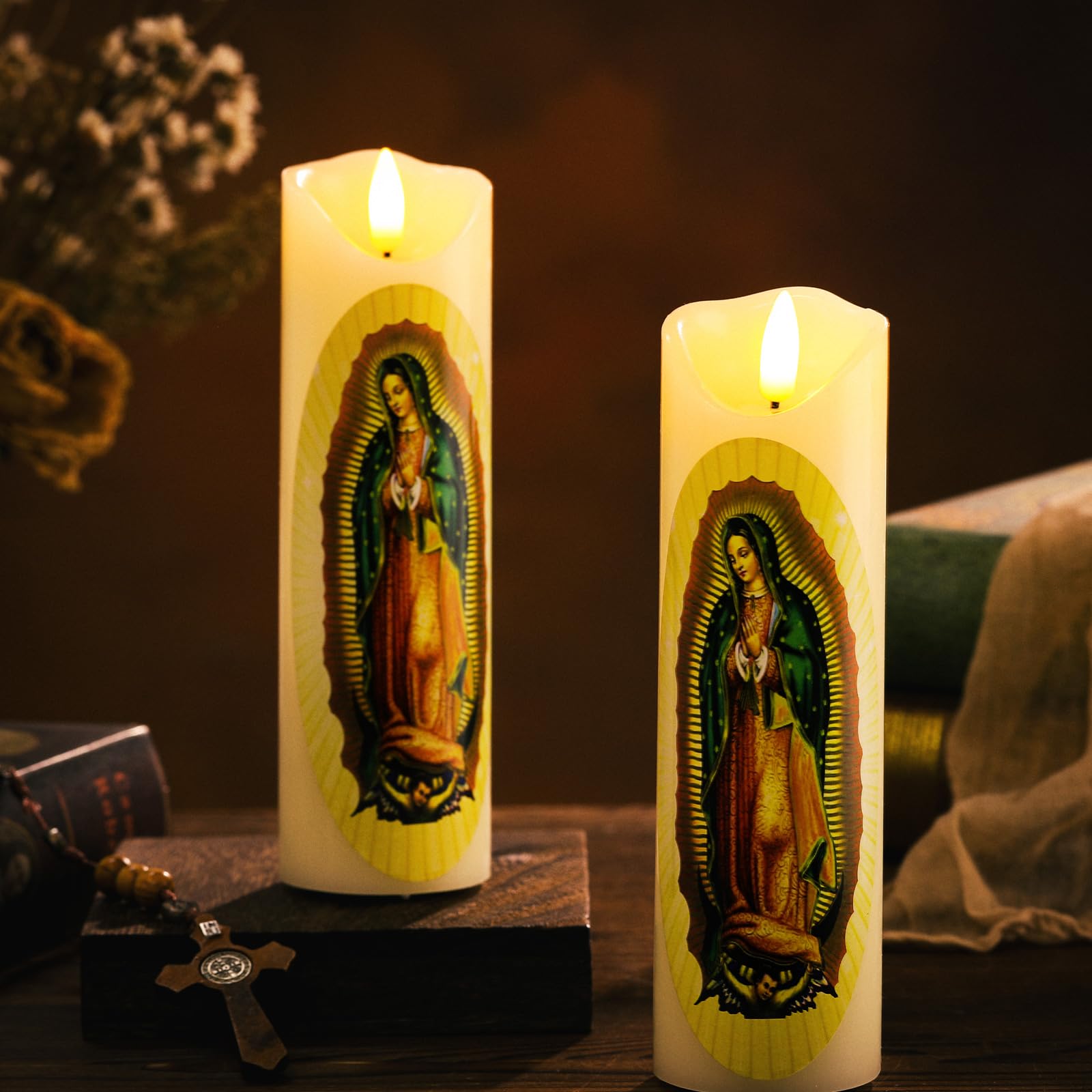Baquler Catholic prayer candle with bottom battery access for quick setup.