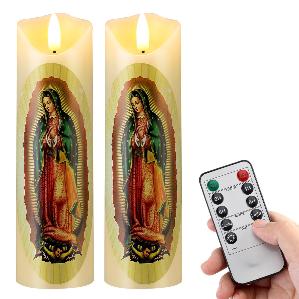 Baquler Lady of Guadalupe flameless candle glowing softly for peaceful prayer.