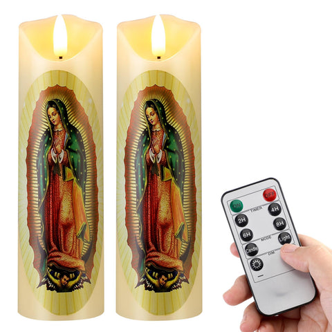 Baquler Lady of Guadalupe flameless candle glowing softly for peaceful prayer.