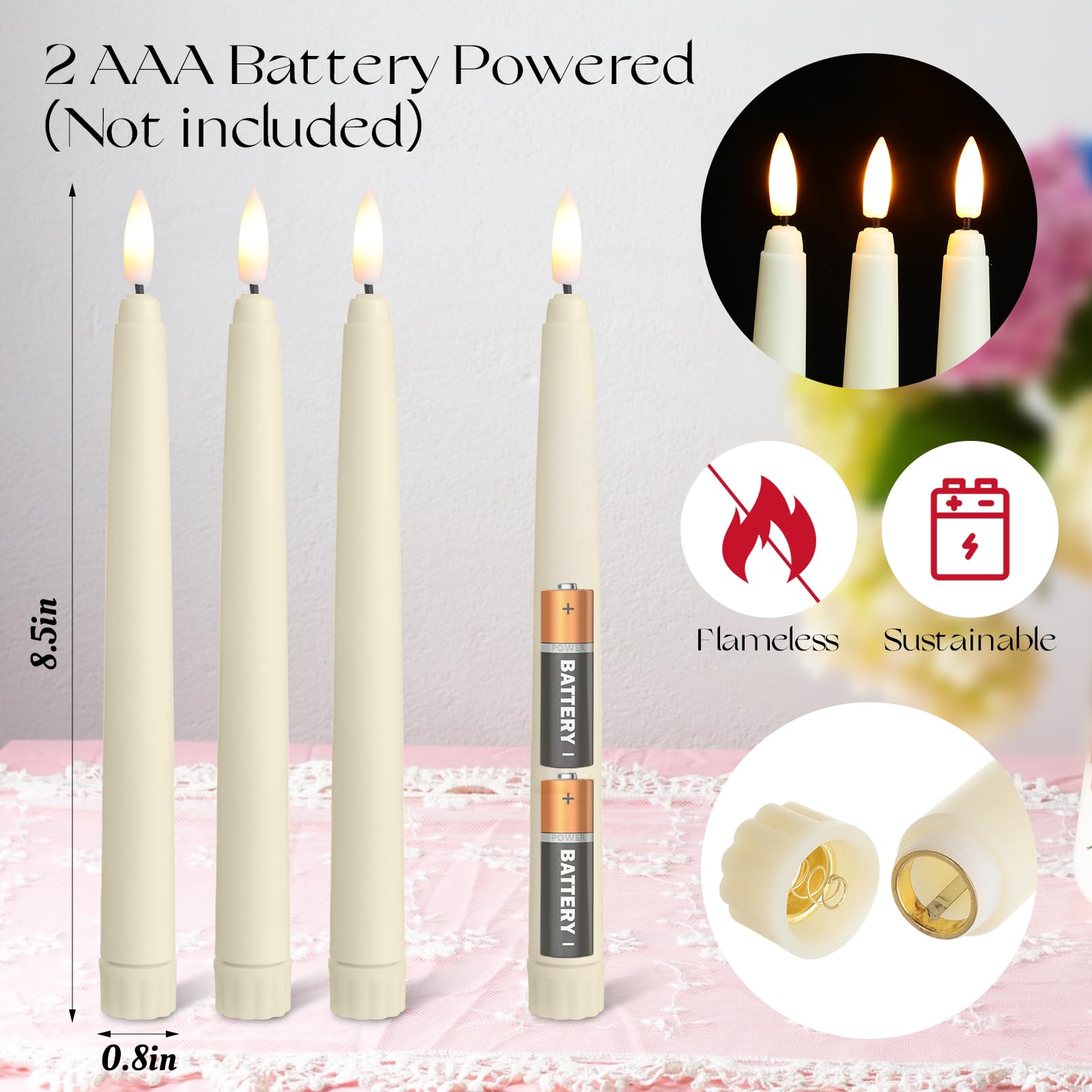 Baquler LED taper candle with warm flicker, creates cozy ambience for events.