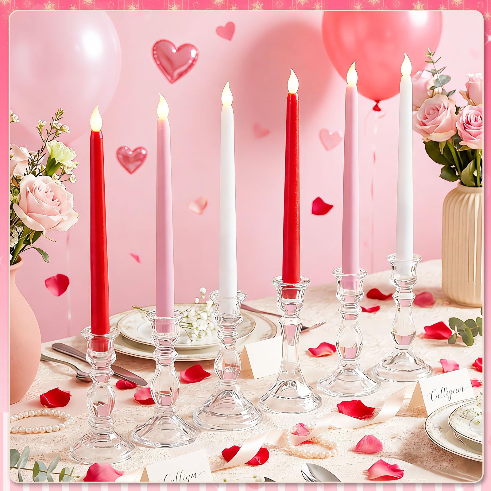 Baquler wedding table setup with flameless tapered candles