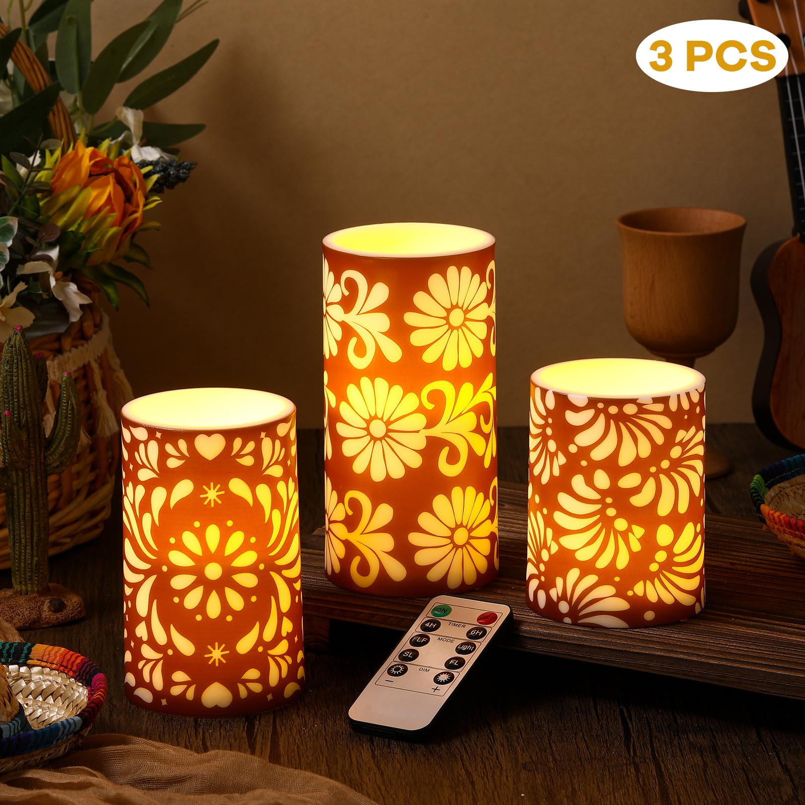 Baquler talavera-pattern candles closeup with hand-painted detail for festive decor.