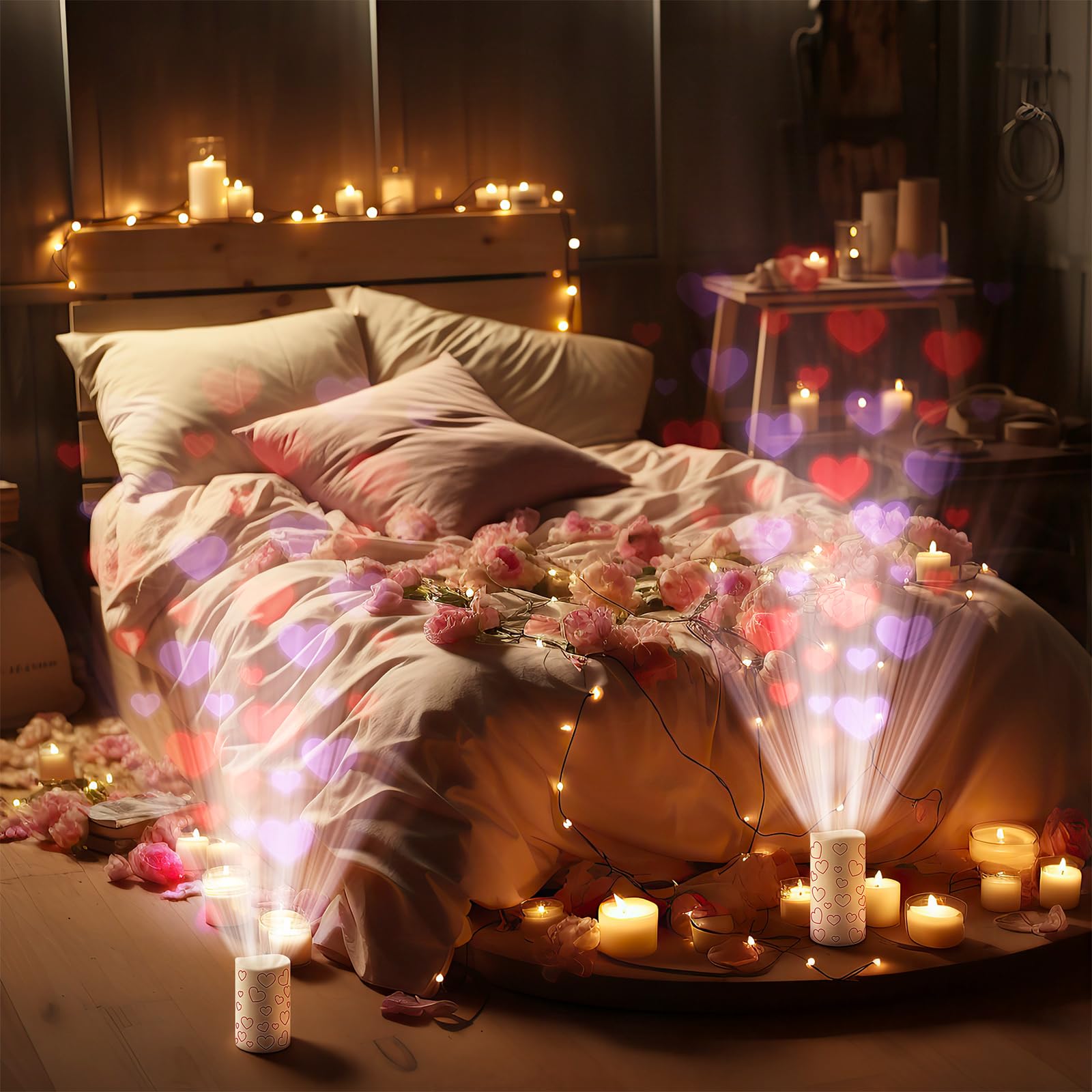 Romantic dining table setup with Baquler flameless heart projector candles.