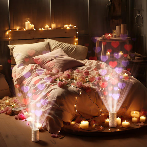 Romantic dining table setup with Baquler flameless heart projector candles.
