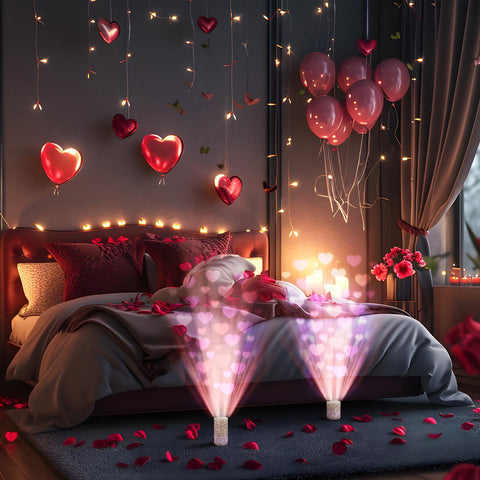 Close-up of Baquler candles showing heart decals and soft glow interaction.