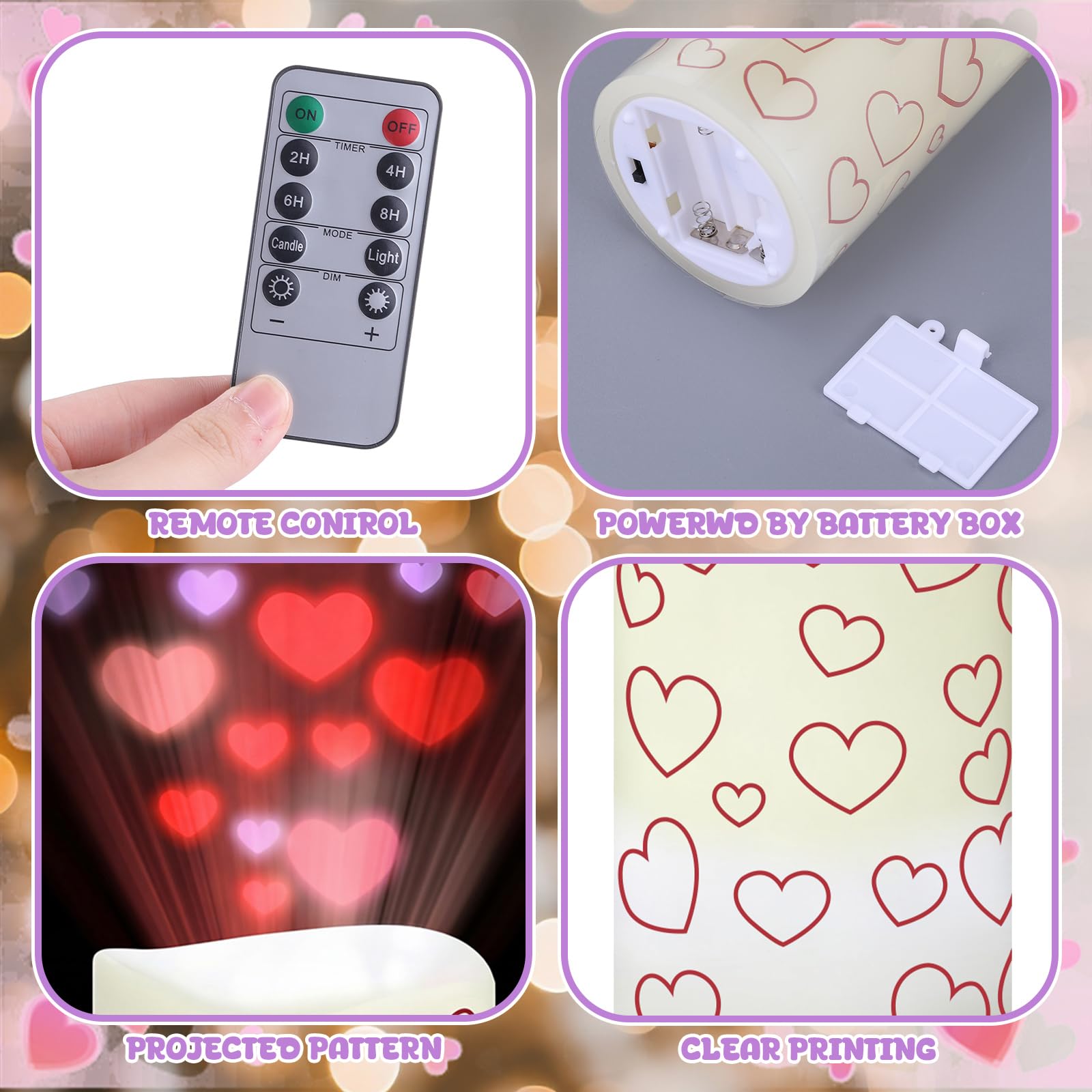 Baquler Valentine flameless heart projector candles with timer on a romantic table.