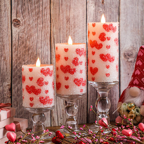 Baquler Valentines flameless candle set of three for a romantic tablescape and safe ambiance.