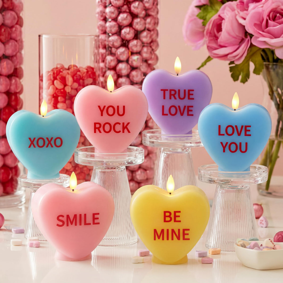 Baquler six-piece valentines heart candles display for romantic ambience.