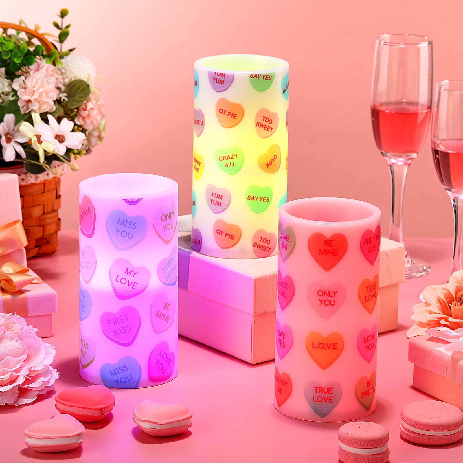 Baquler candles with candy-heart heart pattern for romantic centerpiece