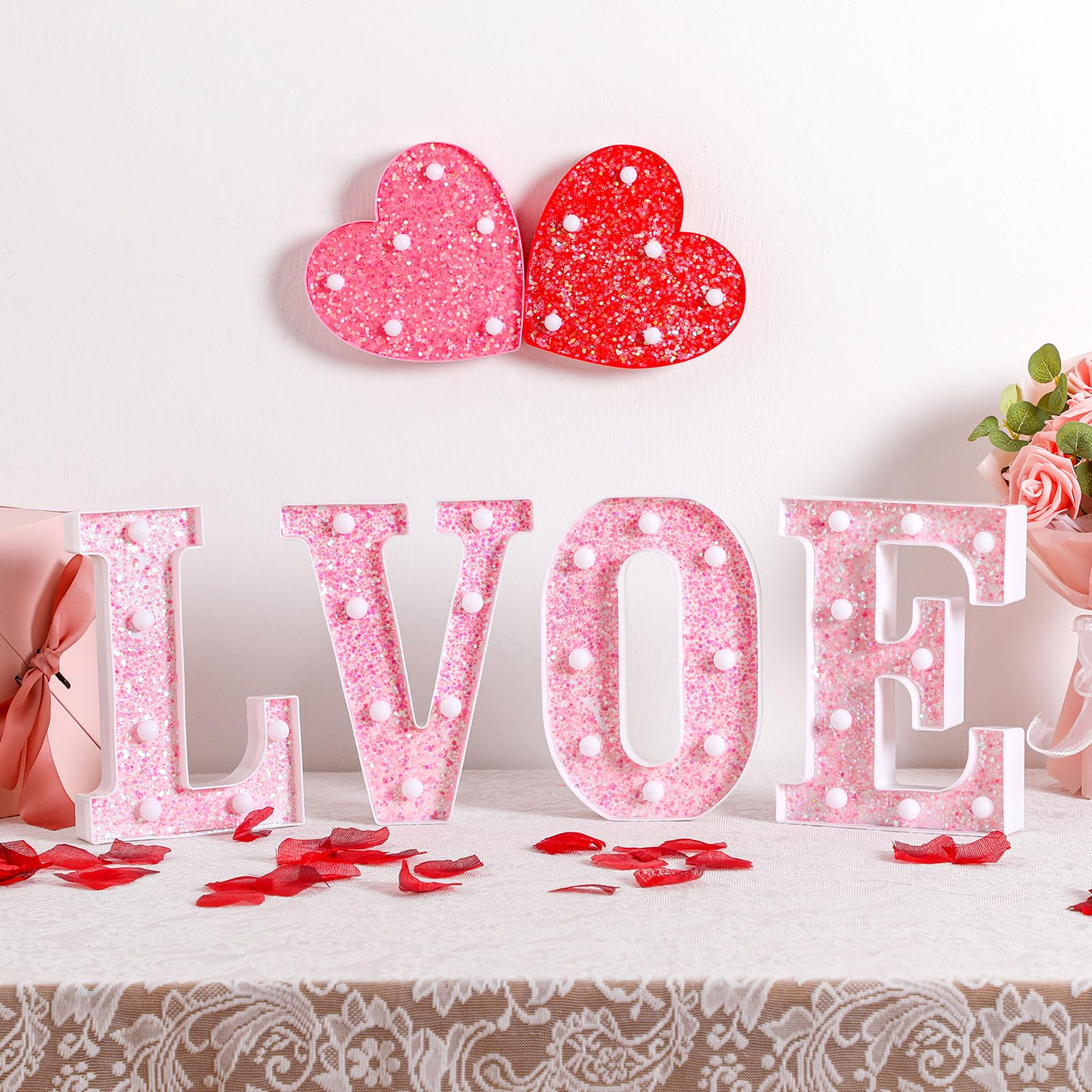 Baquler Valentines party or wedding decor enhanced by pink letters