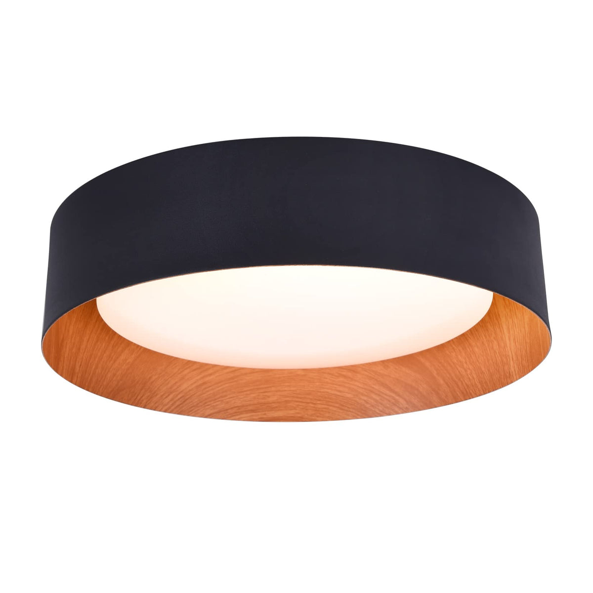 Bargeni flush mount light with matte black frame and wood accent for warm ambience.
