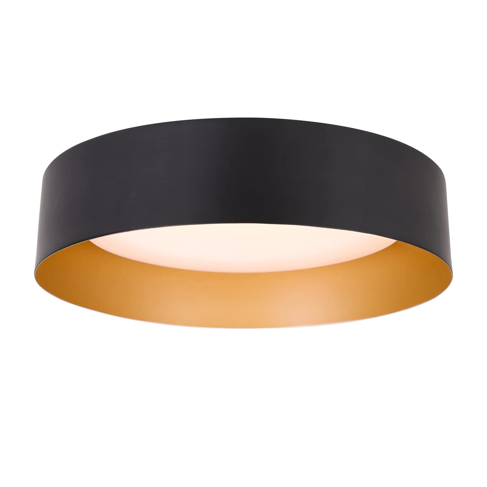 Bargeni flush mount ceiling light with matte black frame and gold interior for warm ambient glow.