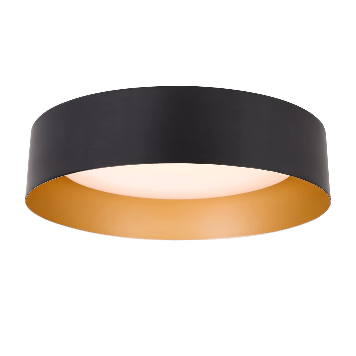 Bargeni flush mount ceiling light with matte black frame and gold interior for warm ambient glow.