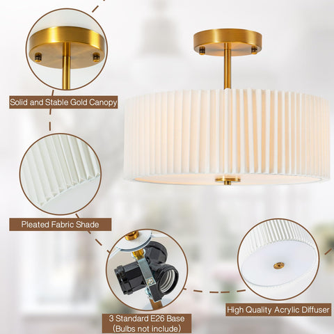 Bargeni ceiling light showing gold finish and pleated shade details
