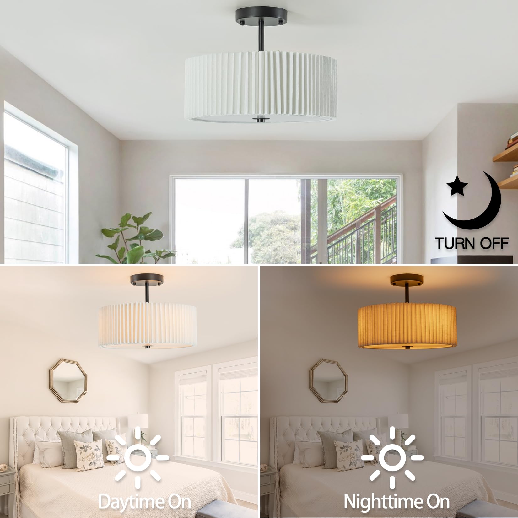 Bargeni pleated fabric shade detail highlights soft, diffused illumination.
