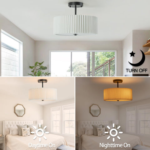 Bargeni pleated fabric shade detail highlights soft, diffused illumination.